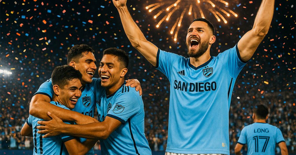 San Diego FC celebrate a historic playoff win with fans amid confetti and fireworks.