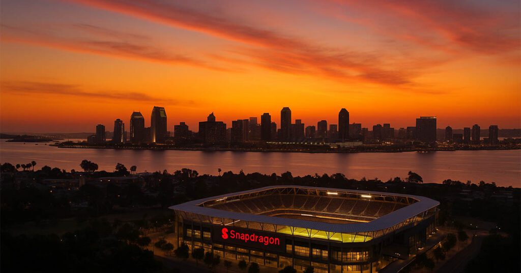 Sunset view of San Diego with Snapdragon Stadium illuminated, representing a new chapter in MLS.
