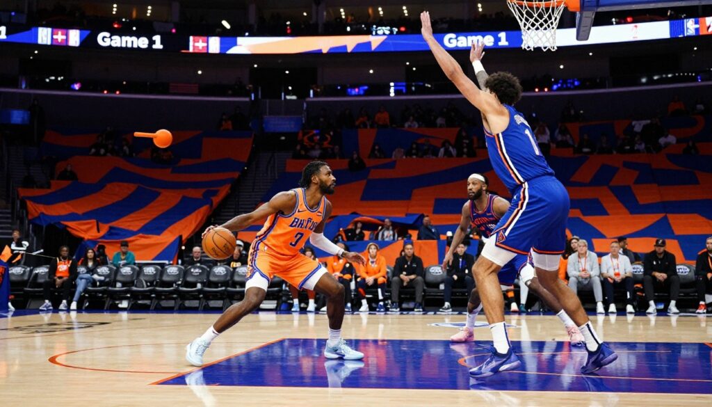 New York Knicks vs San Antonio Spurs Game 1 2026 NBA Finals intense playoff action with Brunson leading scoring run
