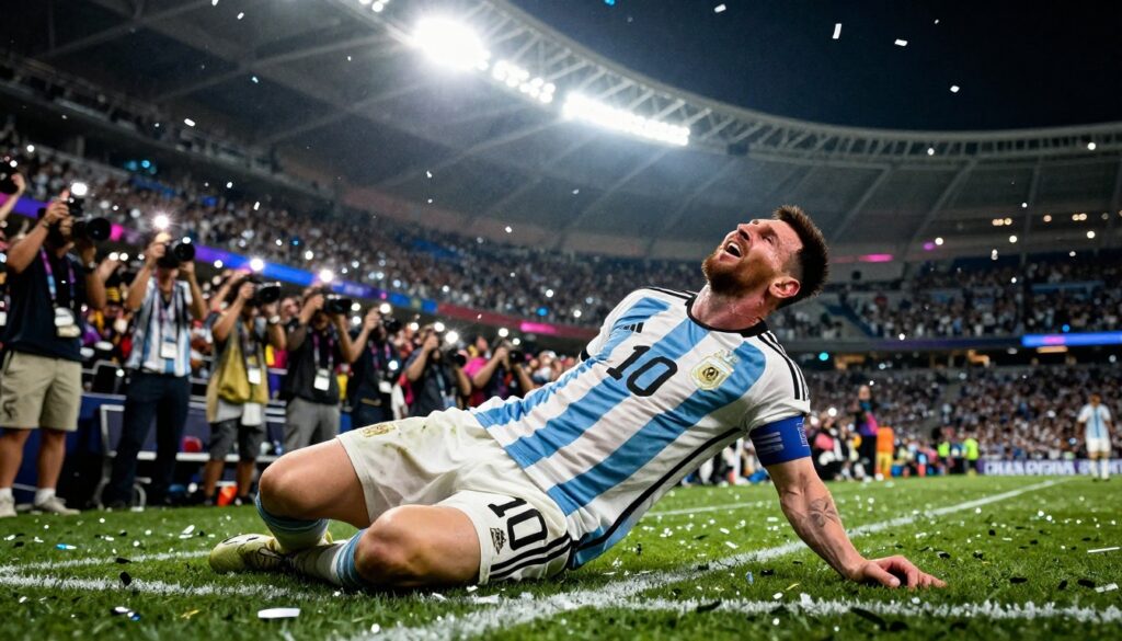 Lionel Messi celebrating a historic World Cup goal in Argentina jersey during a dramatic stadium moment showcasing Messi World Cup goals