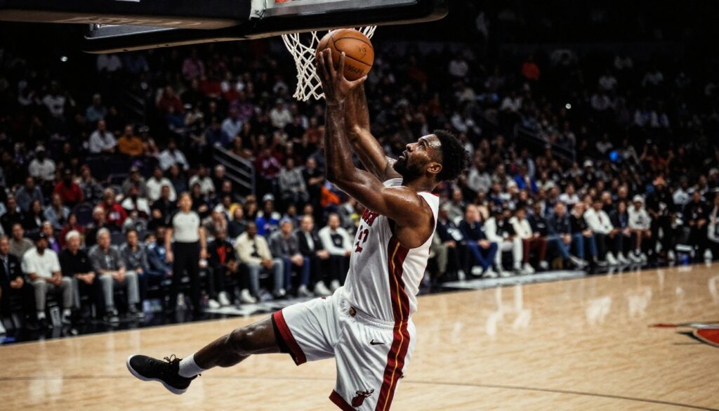 Giannis Heat trade showing Giannis Antetokounmpo driving to the basket in Miami Heat uniform with Bam Adebayo defending in intense NBA arena lighting