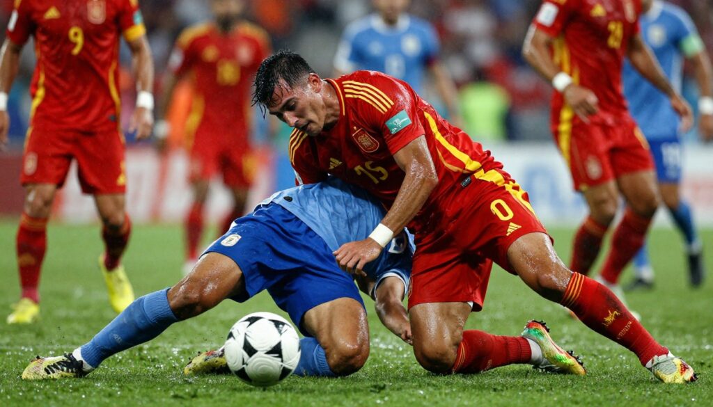 Spain vs Uruguay World intense moment showing Spain attacking while Uruguay defends deep in a World Cup match