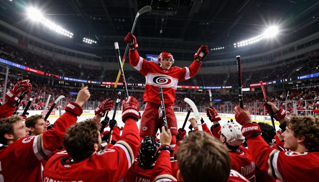 Carolina Hurricanes celebrating a Game 5 victory in the Stanley Cup 2026 Final with emotional crowd reaction