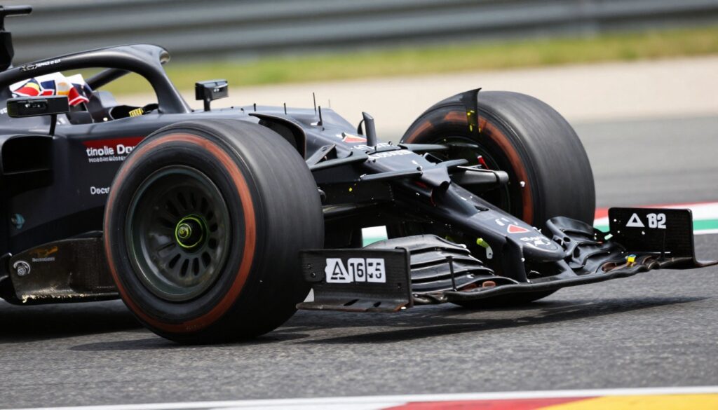 Three F1 cars fighting into Turn 1 at Barcelona Grand Prix 2026 showing close racing, tire smoke, and championship tension