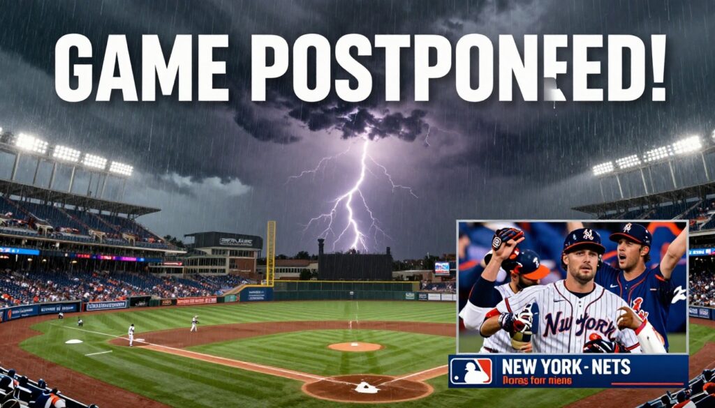 New York Mets celebrating victory over St. Louis Cardinals while MLB schedule is impacted by weather postponement