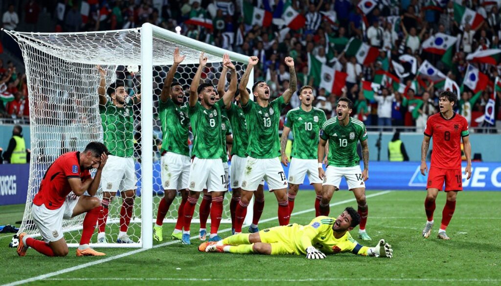 World Cup 2026 Mexico vs South Korea match highlight showing winning goal, Mexico team celebration, and South Korea defensive reaction in stadium