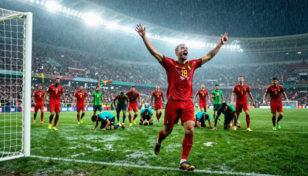 Belgium vs Senegal comeback dramatic moment showing players celebrating a late equalizer in a World Cup match