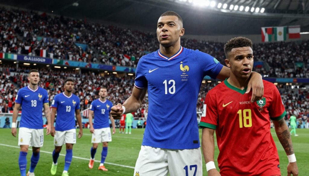 France World Cup Semifinal victory featuring Mbappé, Upamecano, and Olise after a 2-0 win over Morocco